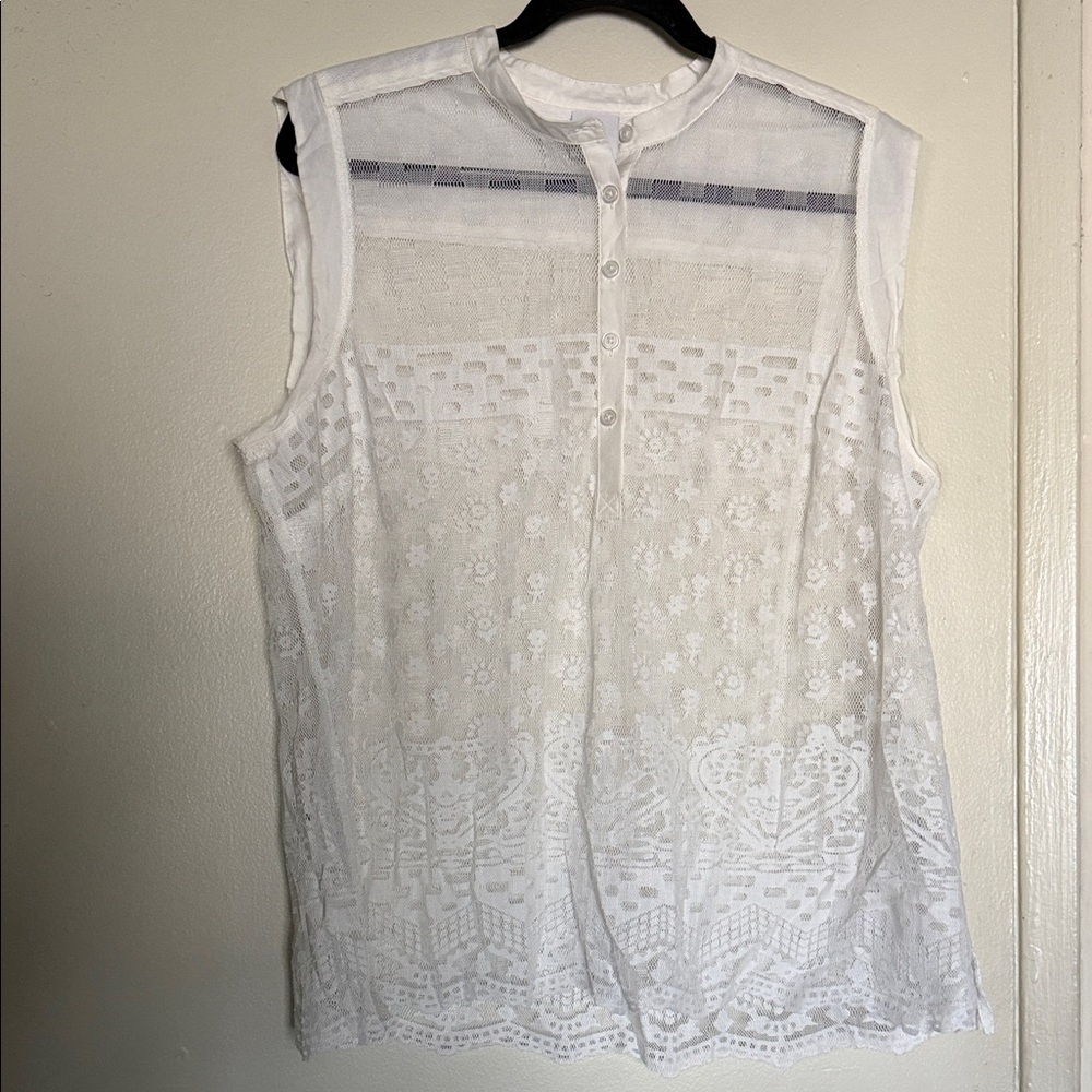 CAbi XL White Sleeveless Lace Henley Camisole